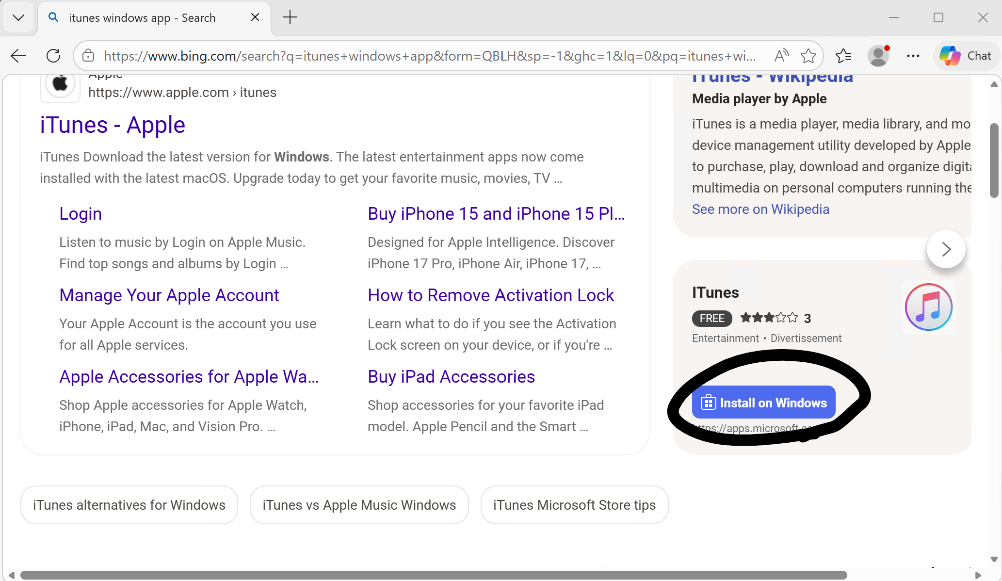 Bing search showing iTunes Install button