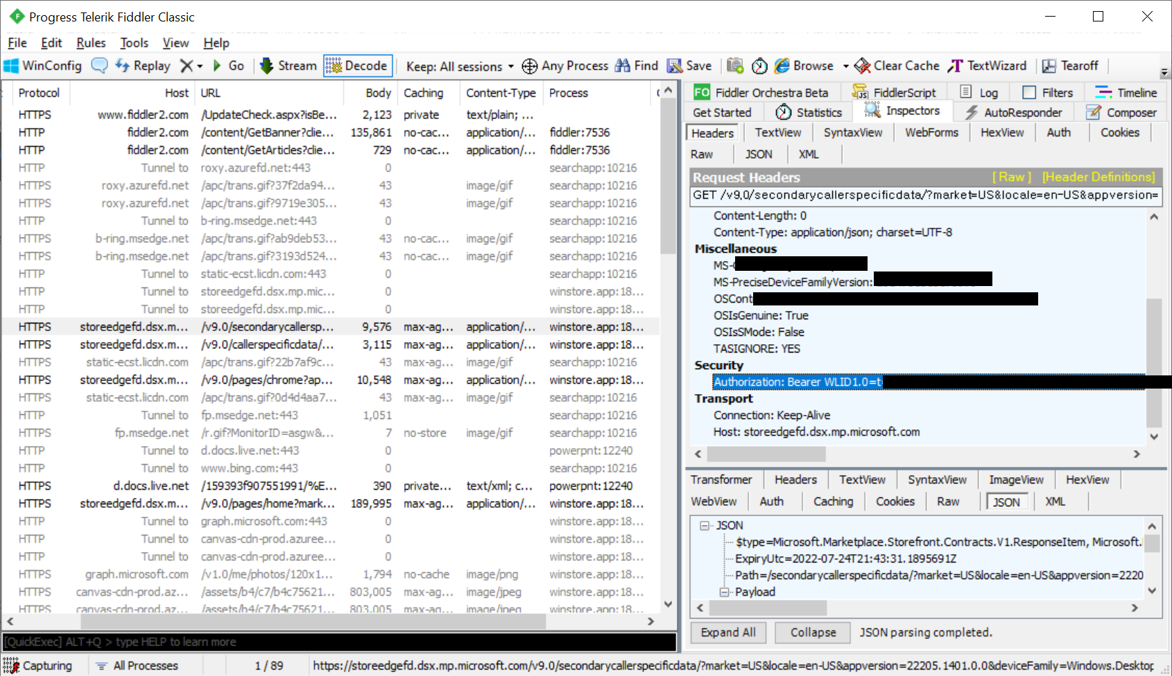 Fiddler showing token sent to attacker host