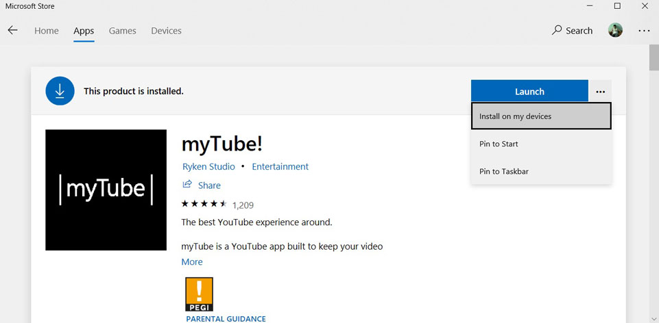The original Push to Install UI: 'Install on my devices' menu in the Store app
